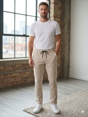 Men's Hugo Boss Casual Drawstring Chino Pants Cream Size 32R In Great Condition